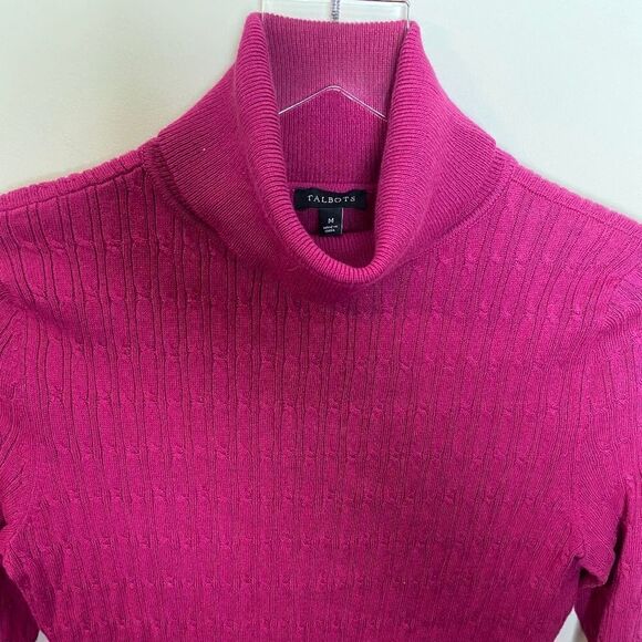 2 Talbots Turtleneck Cableknit Pullover Medium Coral and Hot Pink Cotton Blend - Picture 2 of 6